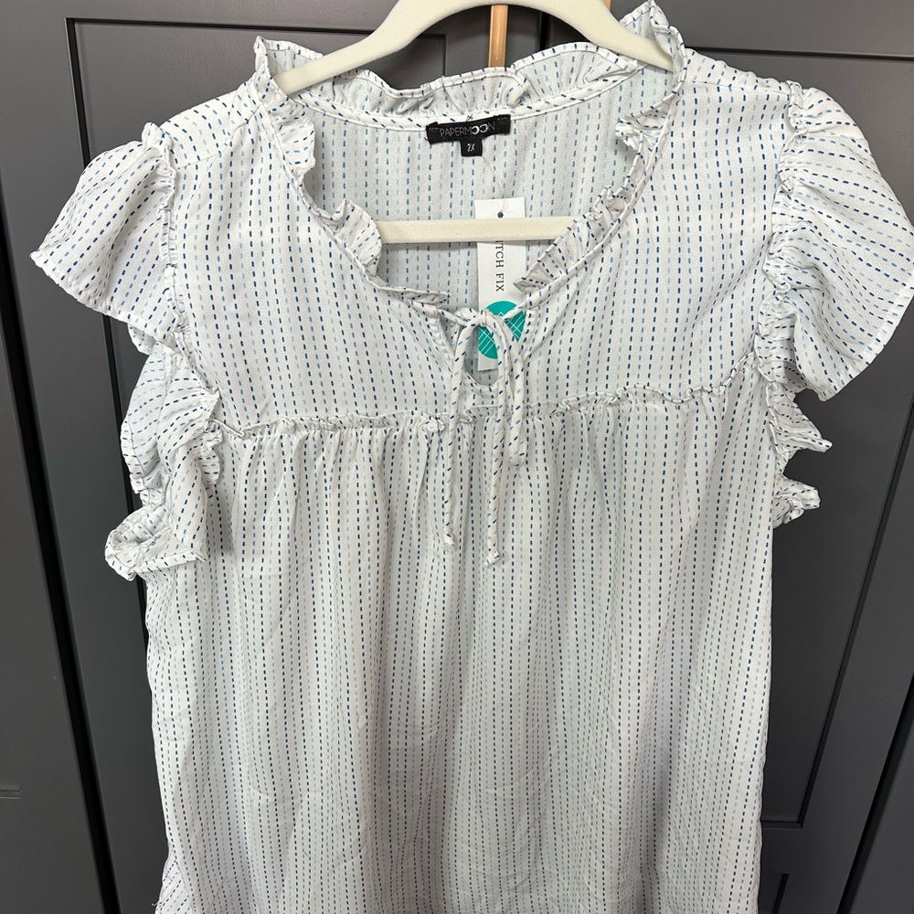 Papermoon White and Blue Puff Sleeve Blouse